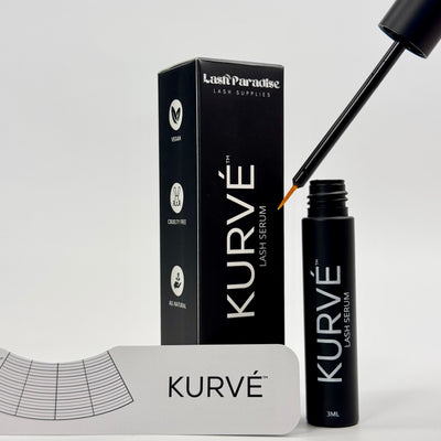 Kurve lash serum with packaging and applicator on a light gray background