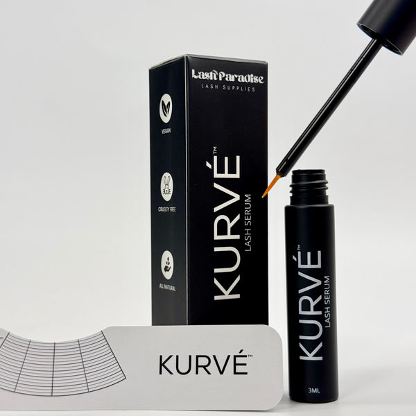 Kurve lash serum with packaging and applicator on a light gray background